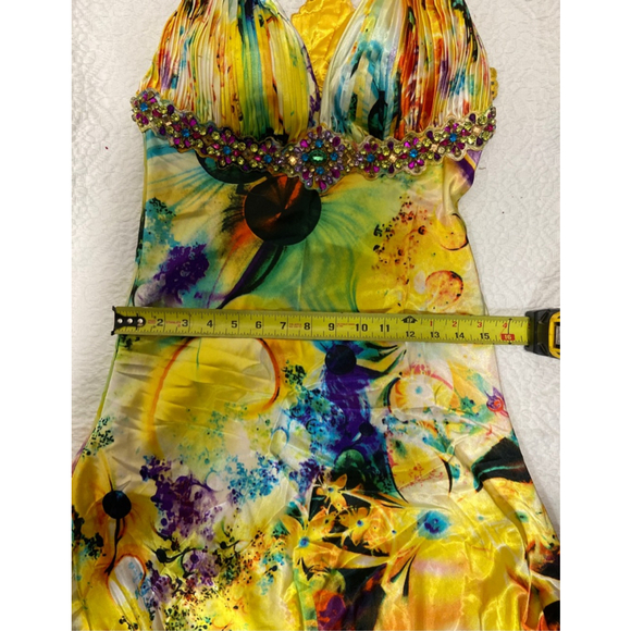 Vibrant multicolor Beaded floral gown V-neck empire waist, size XS - Picture 12 of 12